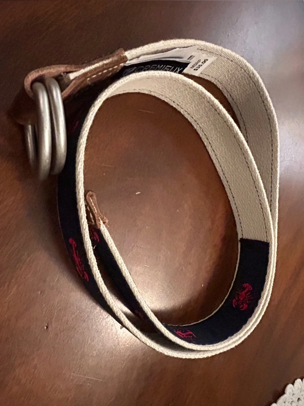 Daniel Cremieux men’s Navy Blue Canvas D-Ring Belt with Red Lobster Embroidery